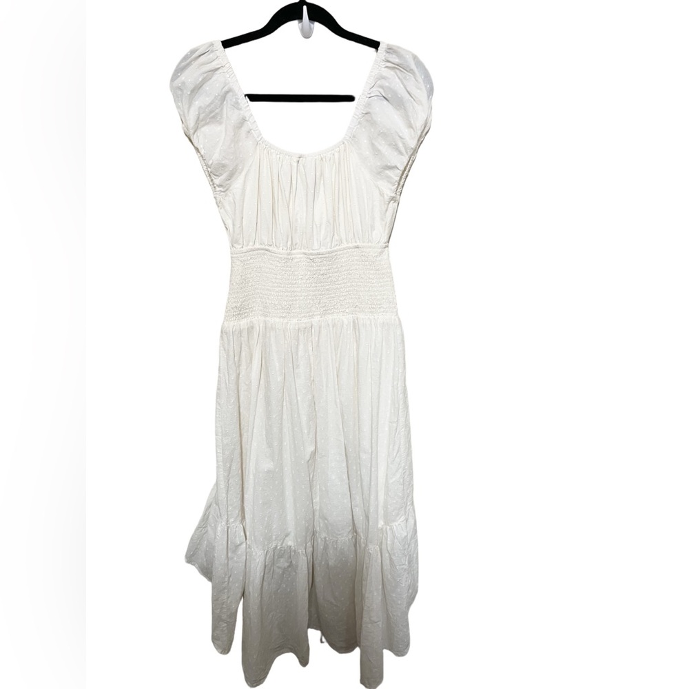 New L SHYANNE Smocked Twist Front Short Sleeve Midi High Low Cotton Cream Dress - Picture 6 of 16